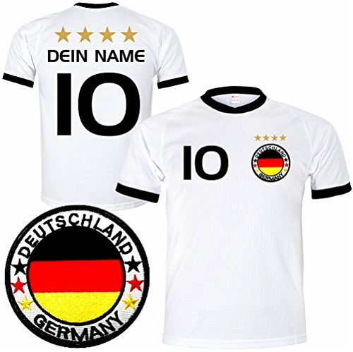 Deutschland Trikot mit GRATIS Wunschname + Nummer + Wappen Typ #D26 günstig im EM / WM weiss – Geschenke für Kinder,Jungen,Baby,.. Fußball T-Shirt personalisiert als Weihnachtsgeschenk