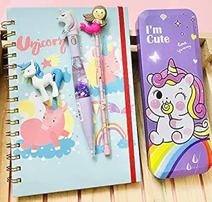 Le Delite Unicorn Combo - Unicorn Password Protected Dairy with Pen/ Diary with Pen / Diary for Girls / Unicorn Stationery Set / Unicorn Pencil Box / Water Glitter LED Light Pen Unicorn Combo - Girls