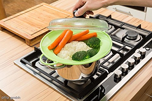 Das Kochwunder – Überkochschutz, Sieb, Dünsteinsatz, Untersetzer, Spritzschutz u.v.m. – grün – NEW GENERATION, Modell 2016 – inkl. innovativer WC- und Geschirrspültabs - 8