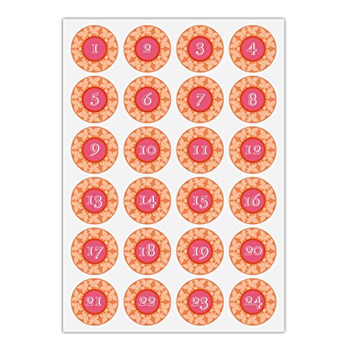 Download 24 beaux autocollants du calendrier de l'Avent avec les nombres 1 - 24 sur une couronne des feuilles, orange rose, MAT étiquette adhésive en papier, labels, vignettes, stickers pour faire des calendriers de l'Avent, décorer des cadeaux de Noel, décoration du table, des paquets, lettres etc. (ø 45mm; 24 nombres)