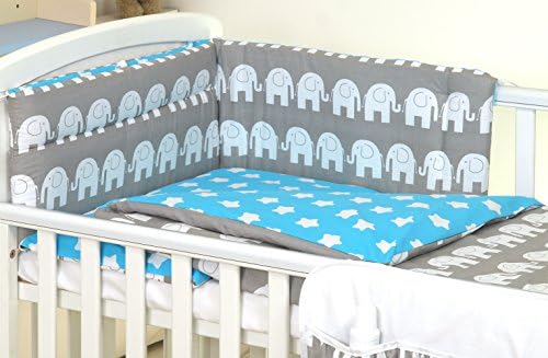 5 pc BABY BEDDING SET FOR COT 120X60 OR COT BED 140X70cm Inc -DUVET+PILLOW+DUVET COVER+PILLOW CASE+ BUMPER (COT BED 140X70, GREY ELEPHANT/BLUE REVERSIBLE)