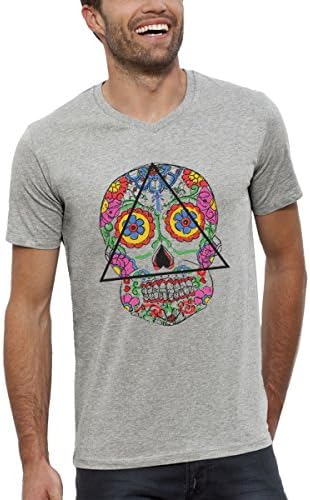 Organic grey print Numbered Santa Muerte – V-neck T-shirt man s to xxl -  Grey - XX-Large