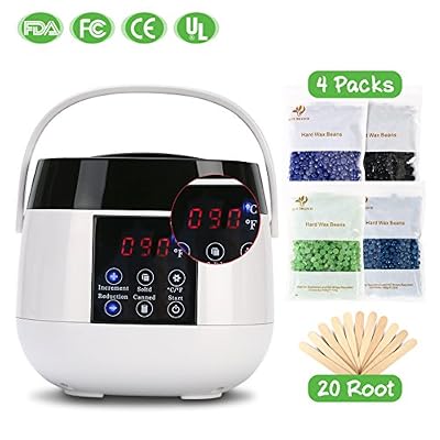 Seekavan Chauffe Cire Electrique, Écran Contrôle LED Kits d'Épilation à la Cire Chaude 500ml, avec 4 Paquets Haricots de Cire et 20 Bâtons, Soin Visage Corps à Domicile ou Salon