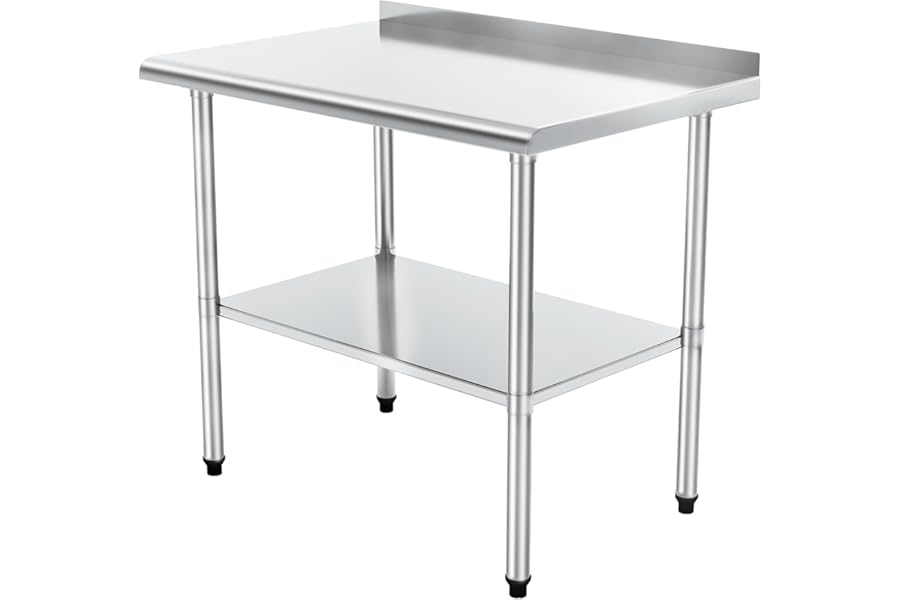 TAIMIKO Stainless Steel Food Prep Table,Heavy Duty Kitchen Catering Table,with 3.2cm Backsplash & Double Layer,Load up to 300Kg, Commercial Work Beach for Restaurant Kitchen Bar Garage (24x36 inch)