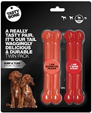 TastyBone Twin Pack Nylon Dog Chew Toys for Small Dogs (BBQ Prawn & T-Bone Steak) - Indestructible for Aggressive Chewers, Everlasting Flavour, Strong Healthy Teeth, Made in the UK