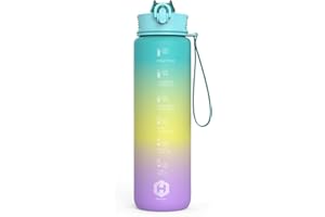 HOMEEX 1L (32oz) Motivational Water Bottle, BPA-free Sports Water Bottle with Time Marker - Quotes - One-Click Technology Ideal for Jogging, Hiking, Office, School, Adults, Children (Blue & Orange)