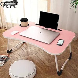 P P Enterprise Wooden Smart Multi-Purpose Laptop Table with Cup Holder/Dock Stand/Study Table/Bed Table/Foldable and Adjustable/Portable Ergonomic Desk Tray (Pink)