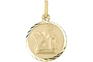 FORME DI LUCCHETTA Lucchetta – Colgante de ángel de Dios con medalla de efecto diamantado de 12 mm en oro amarillo de 14 quilates, colgantes de oro para mujer niña y niño, Made in Italy Certificado
