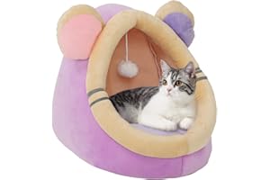 Sheripet Kitten Beds for Indoor Kittens, Cute Cat House Indoor for Small Cats with Non-slip Bottom, Purple Covered Cat Bed Small with Mouse Ear for All Seasons, Purple 14"L×14"W×13"H