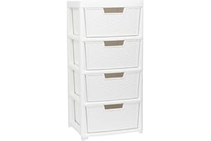 SIDSONS - Large Plastic Rattan Style Storage Drawer - Durable & Stylish Cabinet with Smooth Pull Drawers - Multipurpose Organizer for Clothes Toys, Kitchen, Home & Office Use (Rattan/white, 4 Tier)