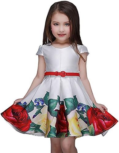 Newill Girls Dress Formal Summer Princess Dress Short SLeeve Rose Print Pleat Dress with Free Belt Child Size 140 Age 6-7 Years