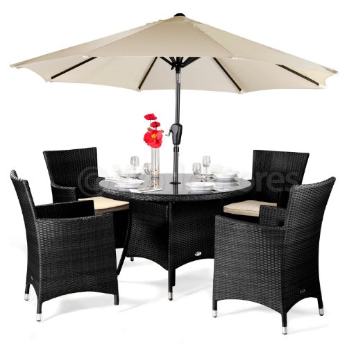 Cannes Rattan Round 4 Seater Dining Set Brown With Parasol - Brown Rattan Garden Furniture Set - 4 S