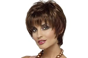 AUBWIG Parrucca corta Soffice Corto Capelli castani misti Parrucche naturali per capelli ricci leggeri per le donne Parrucca resistente al calore Capelli sintetici Uso quotidiano (castano misto)