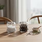 Deconox 2'li Şeffaf Cam Tuzluk ve Biberlik Seti - Bubble (K&uuml;re) Desenli Alttan Dolumlu Minimalist Baharatlık (5 cm)