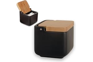 KOOK TIME salero de cocina con tapa de madera de bambú basculante. - Salero negro de cocina moderno con base de cerámica mate para usar como salero y azucarero o especieros, 11.5 x 11.5 x 11.5 cm.