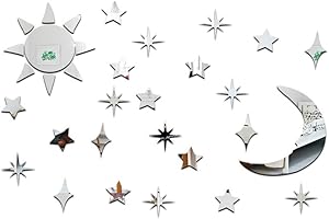 DETONTSAI Sundatebe Sun Moon Stars DIY Acrylic Mirror Wall Art Sticker Decals Removable Home Decor (Silver)