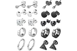 Upeilxd Black Earrings Set for Men Stainless Steel Men Ear Studs Screw Earrings Zircon Studs Barbell Studs Ear Hoops for Men Set Jewelry for Birthday Valentine's Day