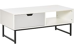 HOMCOM Mesa de Centro para Salón Moderna con Estante Abierto Cajón y Patas Elevadas Mesa Auxiliar para Sala de Estar Oficina 106x48x43 cm Blanco