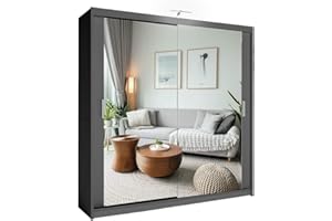 SLIDING WARDROBE 4U Double Mirror Sliding Door Wardrobe with LED LIGHT 90/120/150/180/203 (Grey, 180cm)