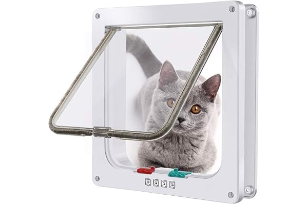 Moaobooh Chatière pour chat, chatière à 4 voies de verrouillage pour animaux de compagnie (M, blanc)