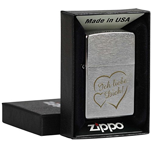 Original Zippo Feuerzeug mit Lasergravur „Ich liebe Dich + Herzen“ Gravur Brushed Chrome Benzinfeuerzeug - 3
