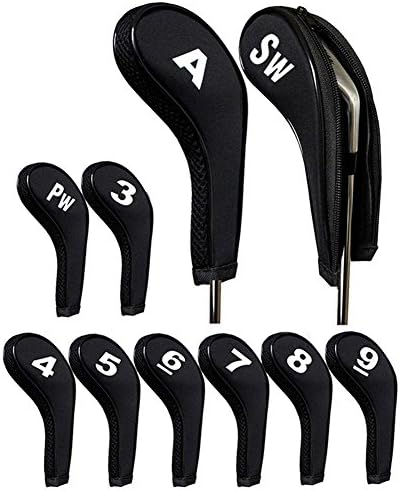 Golf Iron Head Covers Club Heads Protector Wedge Headcovers Long Neck Number Tag with Zipper for Titleist, Callaway, Ping, Taylormade, Cobra, Nike,Black Pack of 10