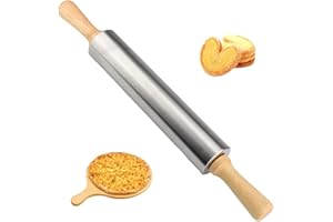 HISDRICUS Rouleau à Pâtisserie, Rouleau à Pâte en Acier Inoxydable, Rouleau à Pâtisserie avec Manche en Bois, Rouleau à Pâte Antiadhésif, Accessoire de Cuisson pour Pizza, Pâte, Gâteaux, Fondant, Pâtisseries