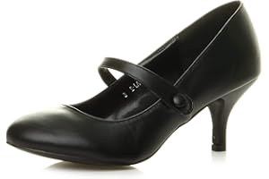 AJVANI Womens Ladies Low mid Heel Mary Jane Strap Work Party Court Shoes Pumps Size