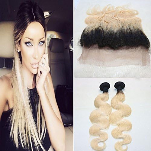 BeautyMiss Brazilian Remy Hair Dark Roots and Bleach Blonde Ombre Weft 360 Full Lace Frontal Closure with 2 Bundles of Ombre Extensions Body Wave Hair Extensions Sew in Hair Weaves Remy Hair Extensions