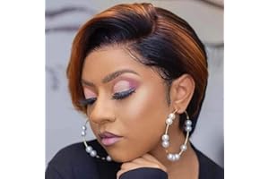 PORSMEER Perruque Femme Naturelle Synthétique Cheveux Lace Frontale Wig Perruque Courte Bresilienne Raides Coupe Pixie pour Femme 150% Densité Perruque Noire et auburn rouge