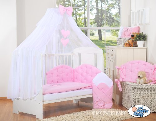 NEW & BEAUTIFUL LARGE WHITE CANOPY / MOSQUITO NET / DRAPE WITH decorative PINK BOW & HEARTS + HOLDER TO FIT BABY COT OR COT BED
