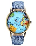 JSDDE Uhren,Vintage Weltkarte Armbanduhr Flugzeug Sekundenzeiger Denim-Gewebe-Lederband Quarz Kleid Uhr,Blau