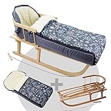 Holzschlitten aus Buchenholz, naturlackiert, Metallkufen, Bockstützen & Zugeisen pulverbeschichtet mit Rückenlehne (abnehmbar) und Zugseil