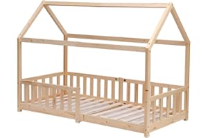 Homeke Pine Wood House Bed for Kids with Guardrail,Decorative Floor Bed, 3FT Single Bed Frame for Children Girls and Boys (natural)