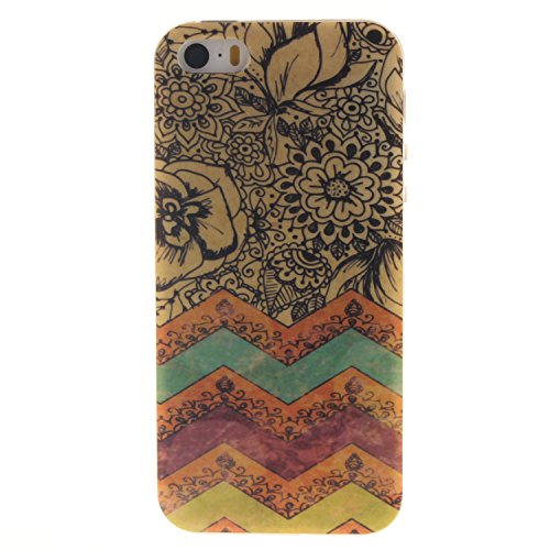 Qiaogle Teléfono Caso - Funda de TPU silicona Carcasa Case Cover para Apple iPhone 5 / 5G / 5S / 5SE (4.0 Pulgadas) - TX48 / Negro Flor + ola