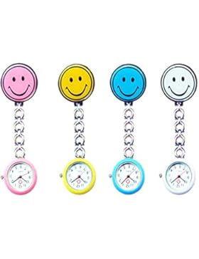 KEEKA 4-er Set Smiley Gesicht Krankenschwesteruhr Quarzuhr Kinderuhr Taschenuhr mit Clip (Hellblau, Rosa, Weiß...