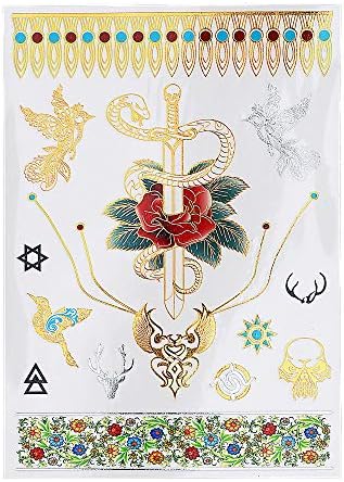 S.A.V.I 3D Temporary Tattoo Golden and Silver Metallic Sticker Sword In Rose Birds Deer Design Size 21x15cm - 1pc. (111), Gold, 22 g