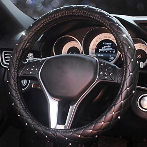 CHES Car Steering Wheel Cover Four Seasons Unisex Rhinestone Bling Leather Breathable 15 inch/38CM , black