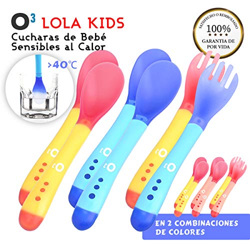 O³ Cucharas Silicona Bebe 6 Uds (4 Cucharas + 2 Tenedores) - 2 Versiones | Cucharas Sensibles Al Calor - Cucharas Silicona Bebé Cambian Color A Más De 40°C - Sin BPA  Aptas Para Lavavajillas (Azul)