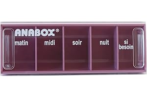 Anabox - Pilulier journalier 5 compartiments - Organisateur de médicaments quotidien Lilas - Cases Matin Midi Soir Nuit + Urgence - Système sécurisé - Lavable lave-vaisselle