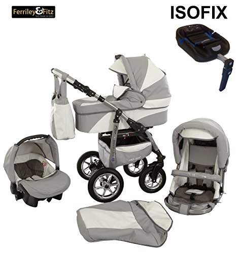 Ferriley & Fitz Daytona Eco leather Pram & Pushchair Safety Set (car seat & ISOFIX base, rain cover, mosquito net, cup holder, swivel wheels) 81 Grey White Leather
