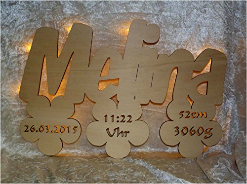 Geschenke zur Taufe und Geburt von Schlummerlicht24 Nachtlicht “ 3 Blumen “ mit Name + Geburstdaten nach Wunsch, LED-Lampe für das Kinderzimmer oder das Babyzimmer, ideal als Taufgeschenk oder zur Geburt, handgemacht - 2