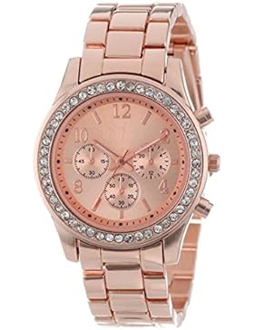 Amonfineshop(TM)Faux Chronograph Quarz Klassisch Rund Damen Frauen Kristalle beobachten rose gold