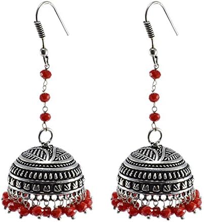 Silvestoo India Elegant Indian Saree Suit Jewellery-Big Jhumka Earring With Red Crystal Facetes Beads PG-121277