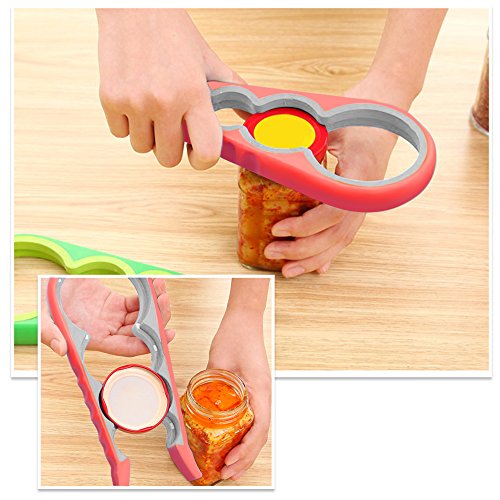 HooYL 4-in-1 Flaschenöffner Deckelöffner mit Gummioberfläche für mehrere Größen (Rot) - 6