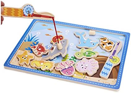 AOLEVA 13 Pcs Wooden Magnetic Fishing Game with Fishing Rod Ocean Animal Basic Educational Early Development Toys for Kids Children