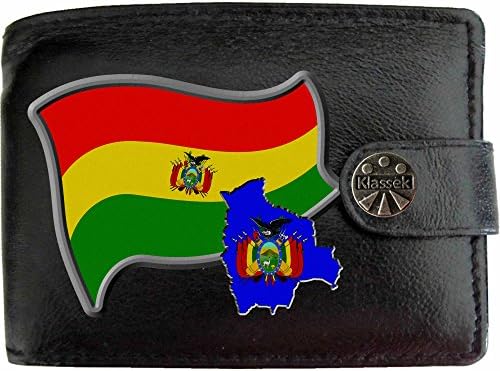 Klassek Bolivia Flag Bolivian Map and Coat of Arms COA Mens Wallet Real Black Leather RFID Blocking with Coin Pocket and Metal Gift Box
