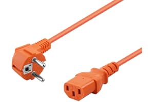 BestPlug 5m Strom-Kabel Netzkabel für Kaltgeräte, Schutzkontakt Stecker männlich 90° abgewinkelt auf C13 Buchse Kupplung weiblich gerade, Orange