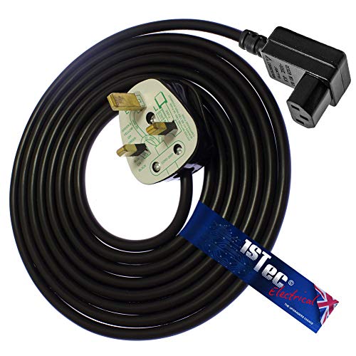 1STec 3m Black 90° IEC C13 Socket to 13A UK Mains Plug Lead with Right Angled IEC Connector for the 3 Pin Plugs found on LCD Televisions LED TVs Printers Amplifiers & Projectors (3 Metre, Black)