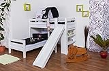 Höhe: 140 cm Etagenbett/Spielbett Moritz L Buche Vollholz massiv weiß lackiert mit Regal und Rutsche, inkl. Rollrost - 90 x 200 cm, teilbar